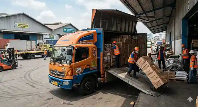 truk cargo sedang muat